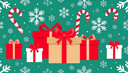Fototapeta premium Festive Christmas gifts and candy canes on green background.