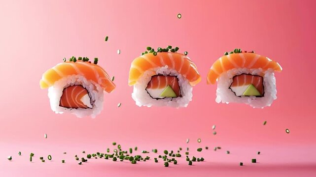 Three appetizing salmon and avocado uramaki sushi rolls floating and falling in slow motion, with chopped chives sprinkling down against a vibrant pink studio background