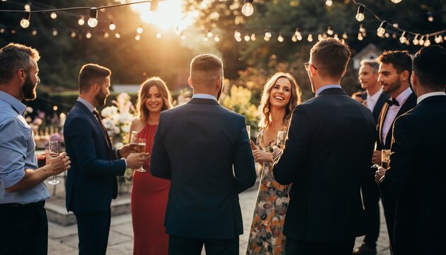 happy bride and groom celebrating with guests at outdoor wedding reception