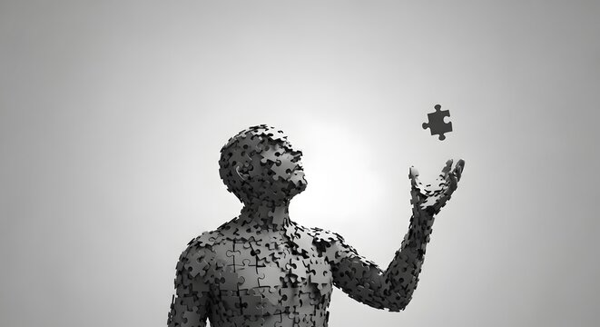 A puzzle person with a missing piece, symbolizing incompleteness and self-discovery in a monochromatic background with a sense of longing.
