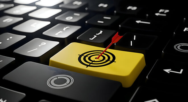 Yellow keyboard key with target symbol and red arrow precise goal setting on modern computer keyboard focus and accuracy concept