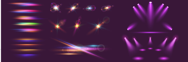Abstract Neon Light Effects Collection with Lens Flares and Stage Spotlights