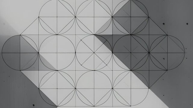 Geometric grid of overlapping circles with arcs and shading in grayscale