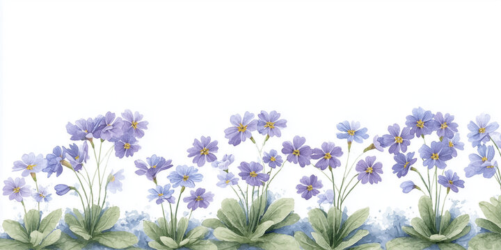 Blue Primrose Floral Lower Border, Watercolor Botanical Illustration