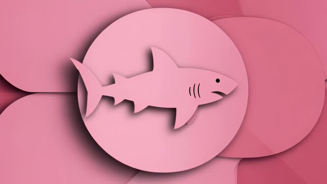 Abstract pink geometric composition with layered circles and a shark silhouette