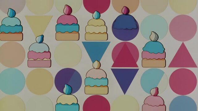 Pastel cupcakes and geometric shapes pattern background