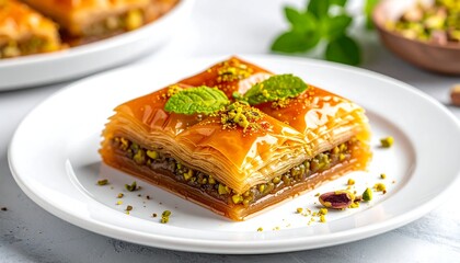 Delicious Baklava Pastry with Pistachios and Honey Syrup.