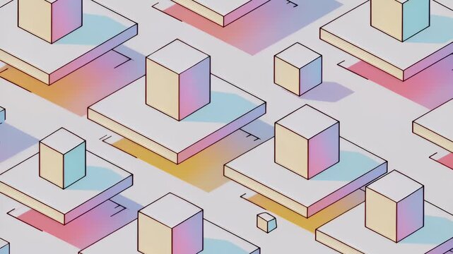 Isometric pastel block and cube arrangement on layered platforms, abstract geometric illustration