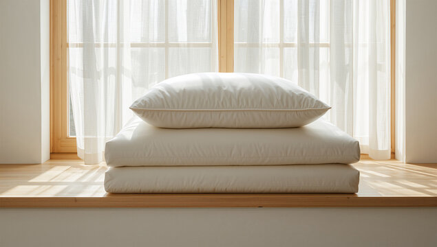 大きな窓のある明るい洋室で、重ねた布団と枕を整然と置く