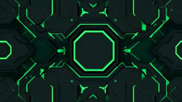 Futuristic neon green hexagonal geometric pattern with glowing lines on a dark background