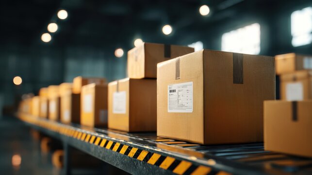 Boxes are lined up on a conveyor belt in a warehouse during a busy shipping day with workers organizing parcels