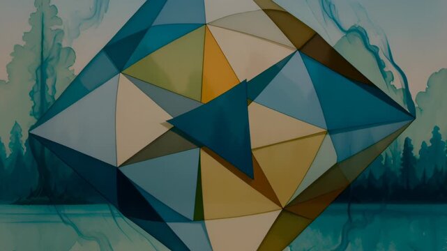 Abstract geometric sculpture made of interconnected triangles in a forest setting