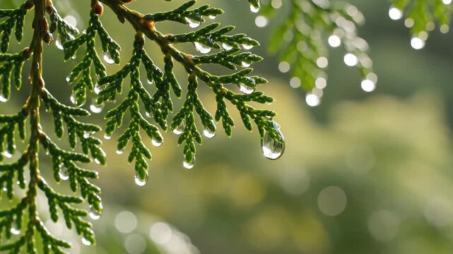 Close up of evergreen branches with water droplets after rain.