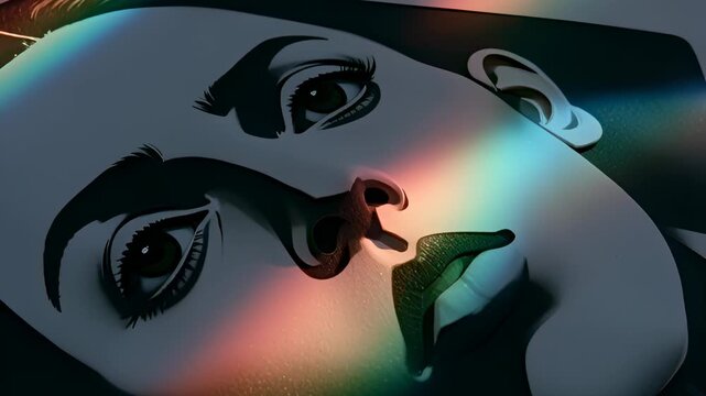 Closeup stylized female face portrait with rainbow lighting and dramatic shadows
