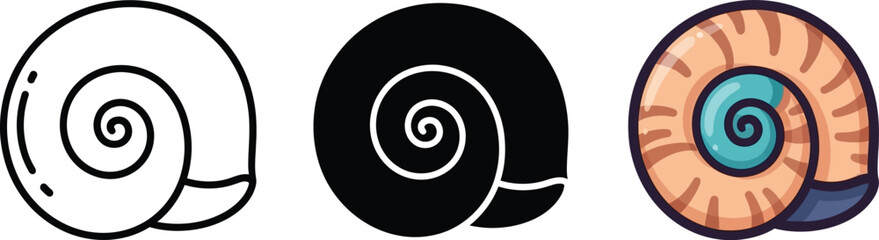 Collection of spiral snail shell icons in outline, silhouette, and colorful cartoon styles isolated on white background, Vector © DesignVirtuoso