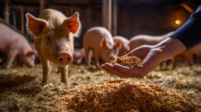 Feeding pigs in a barn during daytime with hand full of feed and several pigs around