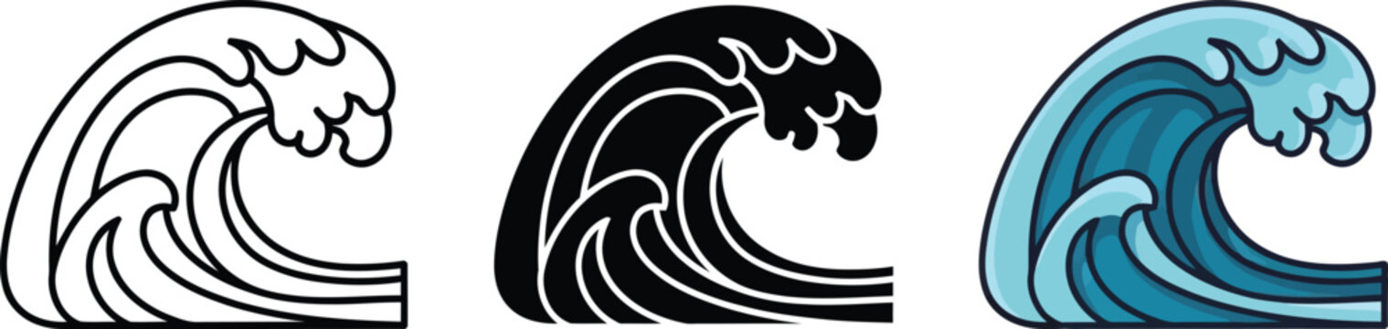 Dynamic stylized ocean wave design in outline, solid black, and blue color variations isolated on white background, Vector