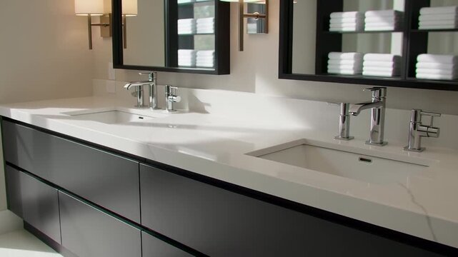 Modern bathroom vanity featuring double white sinks and sleek black cabinets under bright lighting, visualizing luxury interior design concepts