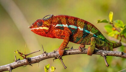Colorful chameleon perched on a branch in Madagascar.