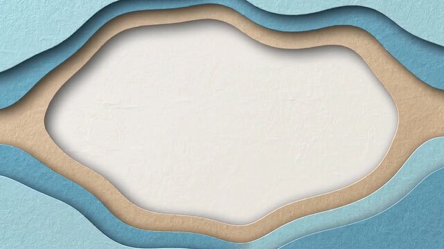 Abstract layered paper cut background with organic blue and beige wave patterns and copy space, offering a serene and modern aesthetic for graphic design projects
