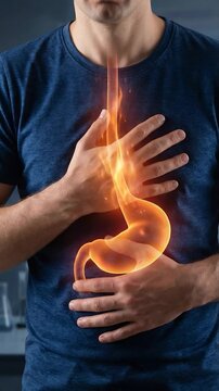 Acid Reflux Anatomy: An individual, experiencing the discomfort of acid reflux, highlights the internal anatomy and the burning sensation associated with the medical condition.