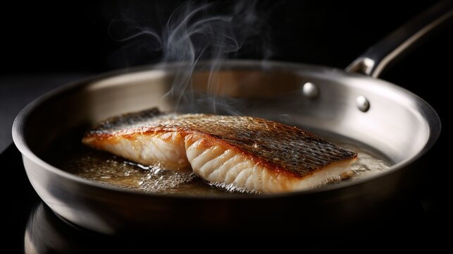 Pan searing fish fillets in skillet with sizzling oil and steam, crispy golden seafood cooking on stove