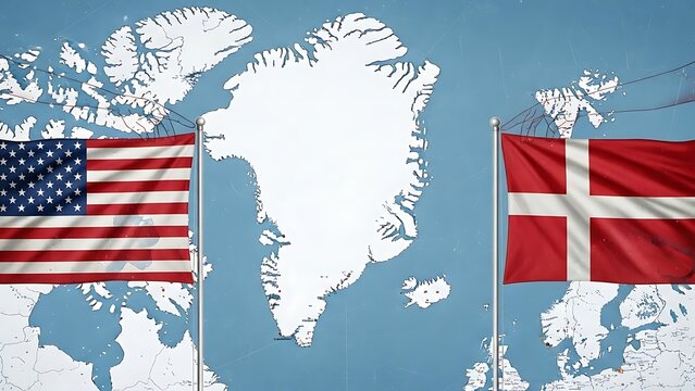 greenland map with united states and denmark flags symbolizing geopolitical relations.