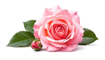 Elegant Pink Rose Blossom with Bud and Green Leaves.