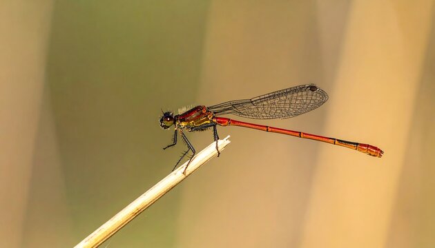 Close-up of a red damselfly perched on a twig.