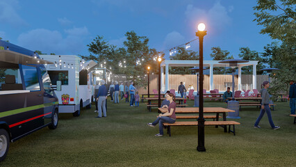 3D render of a modern outdoor community space with picnic tables, people, and a food truck © Ahmad