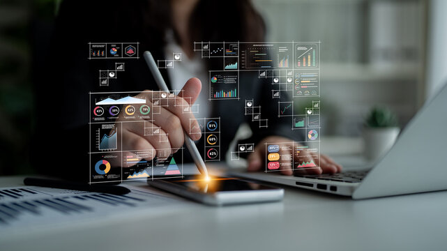 A big data visualization and business analytics dashboard grid. A complex collection of charts and graphs for comprehensive company reporting. Motif