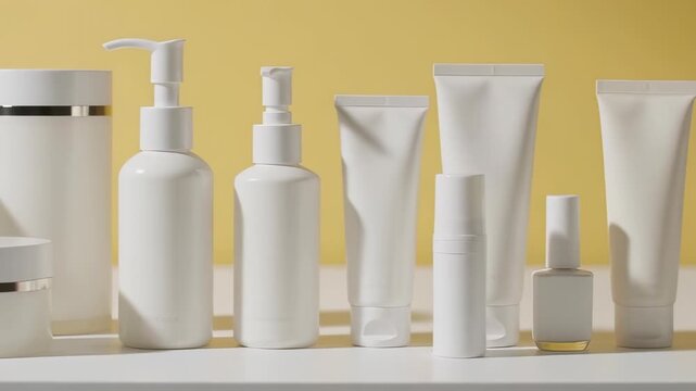 Collection of blank white cosmetic bottles, tubes, and jars arranged on a yellow background, creating a minimalist skincare packaging mockup for beauty branding.