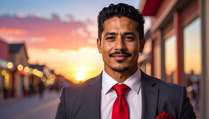 Confident businessman in suit with red tie at sunset.