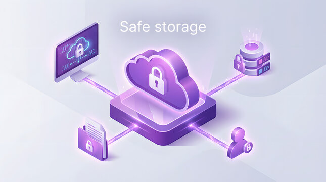 isometric 3d cloud computing security concept with glowing purple safe storage text protected data server database and encrypted file folder icons for cybersecurity technology