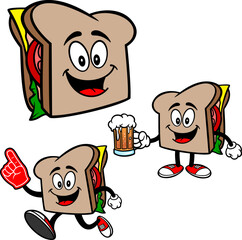 Sandwich Mascot Set 05, Hand Drawn illustrations of Sandwich Mascots in various poses.
