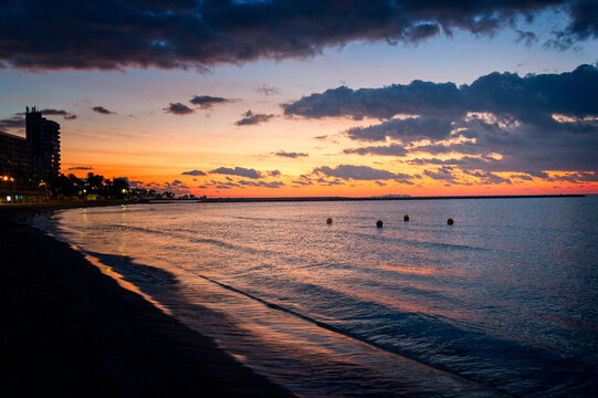 Sunrise view on Levante Beach in Santa Pola, Alicante, Spain, with Tabarca Island on the horizon_2