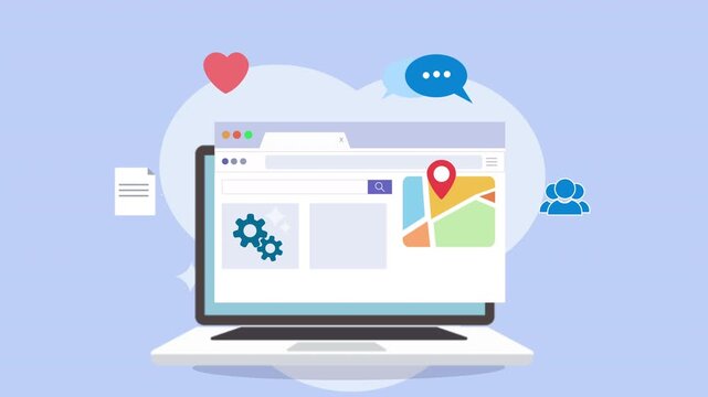 Modern Laptop Displaying Web Browser with Map and Social Media Icons.