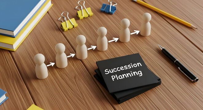 Succession planning concept with wooden figures and office supplies on wooden desk representing career progression and business continuity