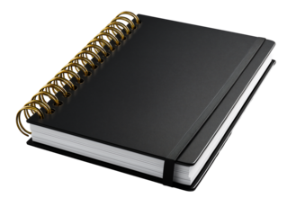 Black spiral notebook isolated on white or transparent background