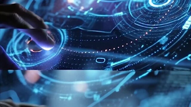 Futuristic Digital Interface with Hand Interacting with Glowing Blue and Purple Holographic Elements.
