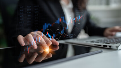 Candlestick chart visualizing financial market trends, investment patterns, price fluctuations, and...