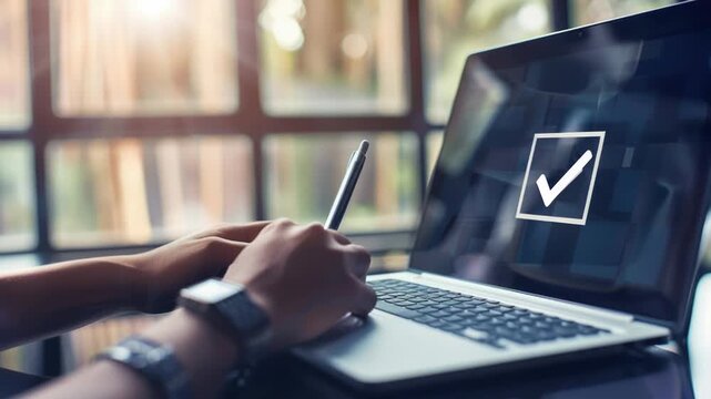 A person checks their laptop screen with a check mark, indicating approval or validation of digital content
