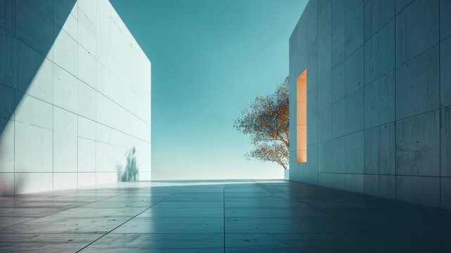 An empty room with a single tree standing in the center