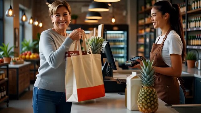 Smiling mature woman making a contactless credit card payment at a warm grocery store checkout, receiving a paper bag from a cashier, representing retail efficiency.