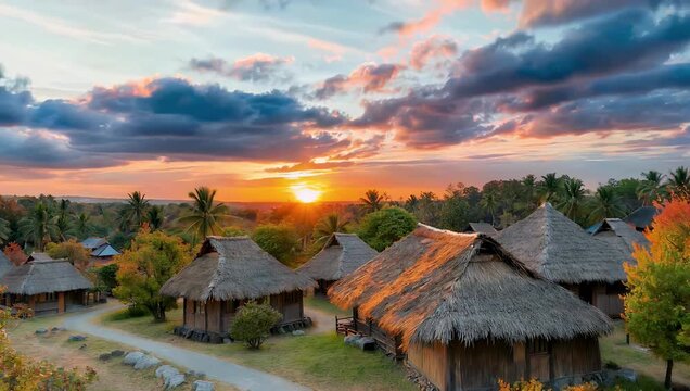 Stunning high quality 4K time lapse capturing an autumn sunset with intense warm colors over scenic rural thatch landscape emphasizing seasonal change peaceful evenings cinematic countryside 
