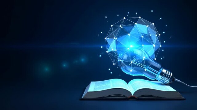 Glowing light bulb transforming into a digital polygon network above an open book in a dark blue 3D animation, illustrating innovation and smart education concepts.