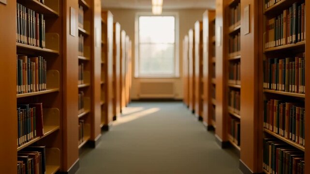 Cinematic dolly shot moving through a quiet library aisle lined with wooden bookshelves and books towards a bright window, illustrating academic research and education concepts.