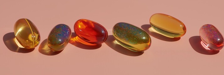 Colorful sparkling gel capsules representing health and beauty. Colorful sparkling transparent gel capsules creating a vibrant and clean health and wellness concept