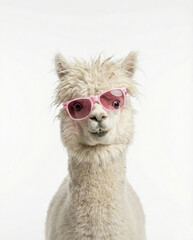 Fototapeta premium Alpaca wearing pink sunglasses on white background