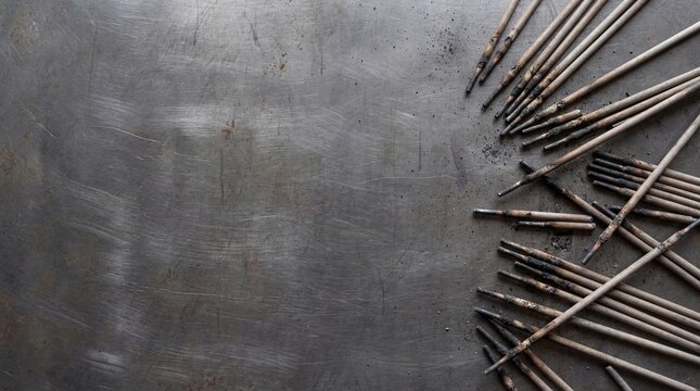 Overhead View of Used Welding Electrodes on Grungy Metal Surface